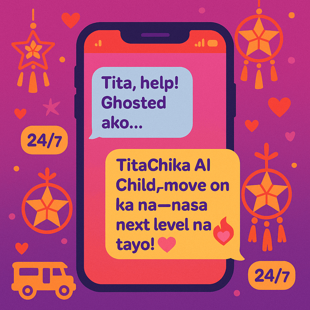 Tita Chika AI character smiling while holding heart-shaped phone, giving Filipino dating advice